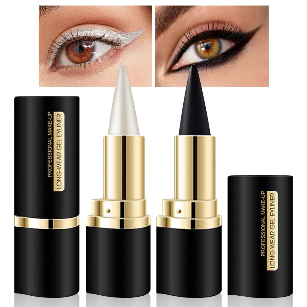Kaely 2Pcs Black Silver Gel Eyeliner Pencil,Natural Cream Eye Liner Waterproof Smudge Proof,Cat Eye Black Smokey Eyeshadow Palette Stick Crayon,Goth Halloween Makeup,delineador de ojos contra el agua