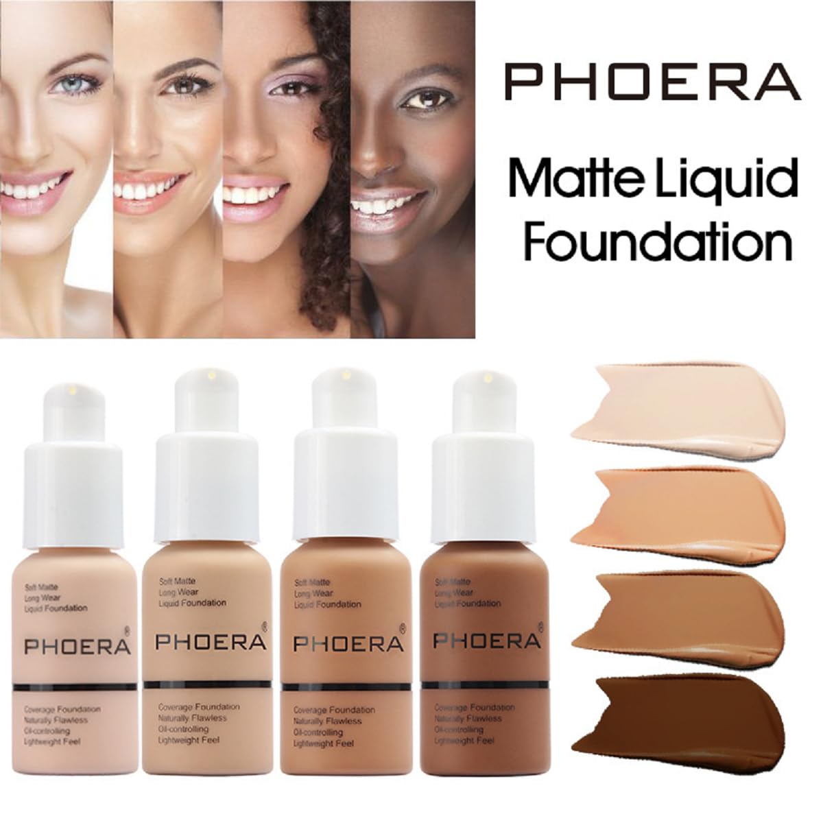 2 Pack PHOERA Foundation 101- Porcelain and102- Nude, Flawless Soft Matte Liquid Foundation 24 HR Oil Control Concealer Foundation Makeup