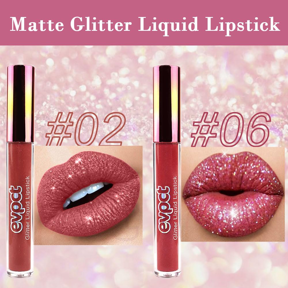 eevpct 2Pcs Mauve Red & Wine Red Matte to Glitter Liquid Lipstick Set Kit for Women Long Lasting Glossy Metallic Shimmer Sparkle Lipstick Lip Gloss 2+6