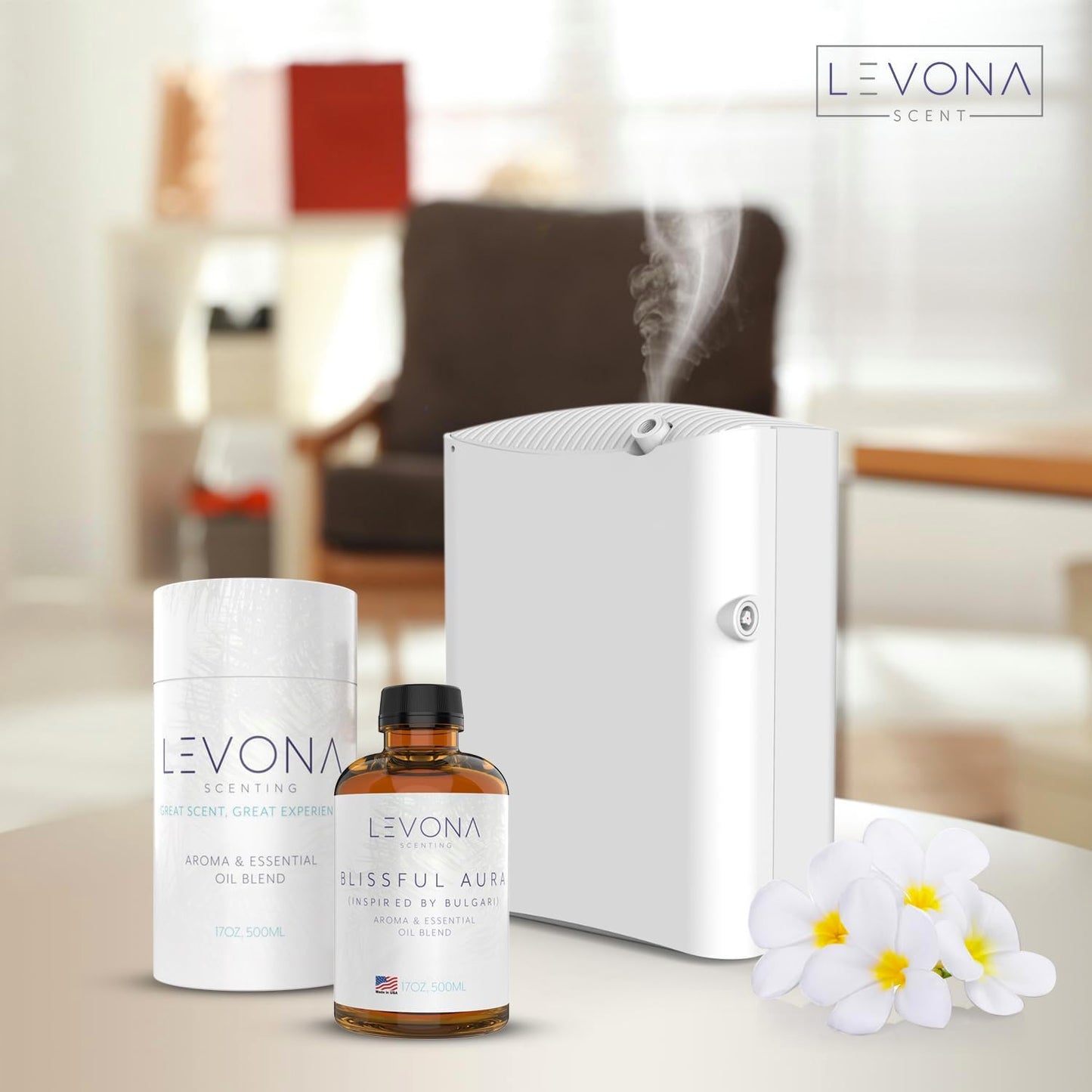 Levona Scent Essential Oil - Fresh Aroma for Home, Office, Hotel & Spa, Perfect in Humidifiers and Diffusers, Luxury Fragrance, With Roses, Geranium, Zesty Lemon Notes - 500ml/ 17 fl oz, Blissful Aura