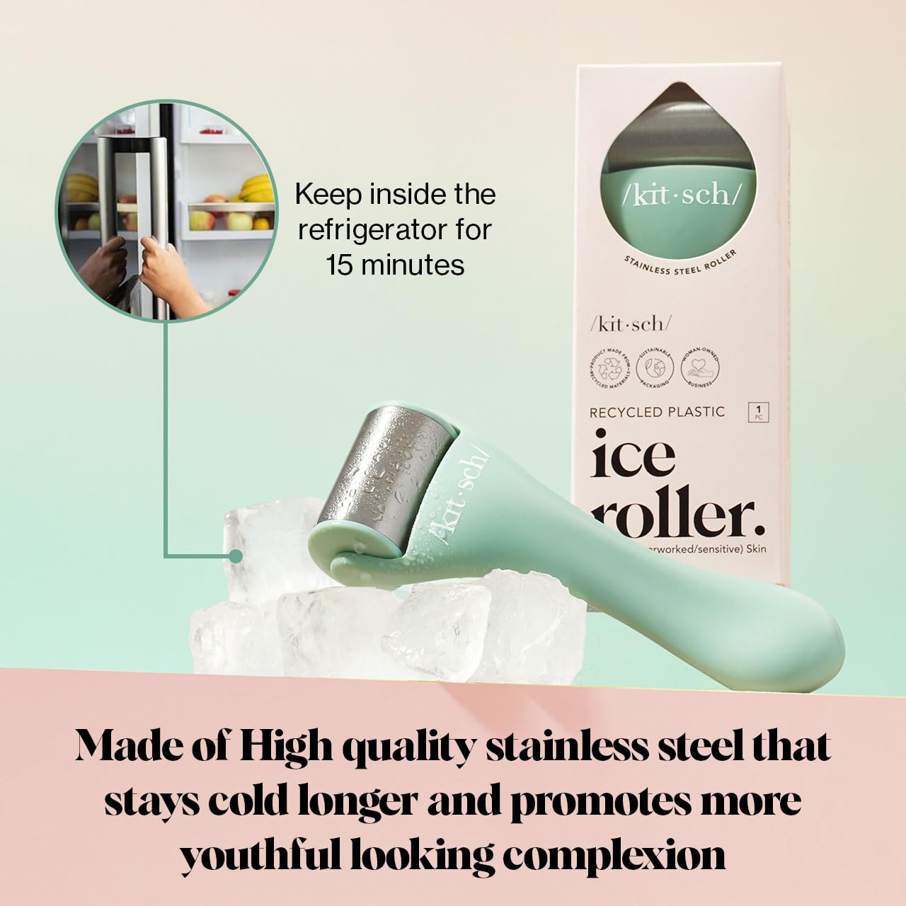 Kitsch Ice Roller for Face – Stainless Steel Face Ice Roller to Reduce Puffiness, Redness & Headaches – Cooling Facial Roller for Skin Care, Irritation Relief & Spa-Like Experience at Home - Mint