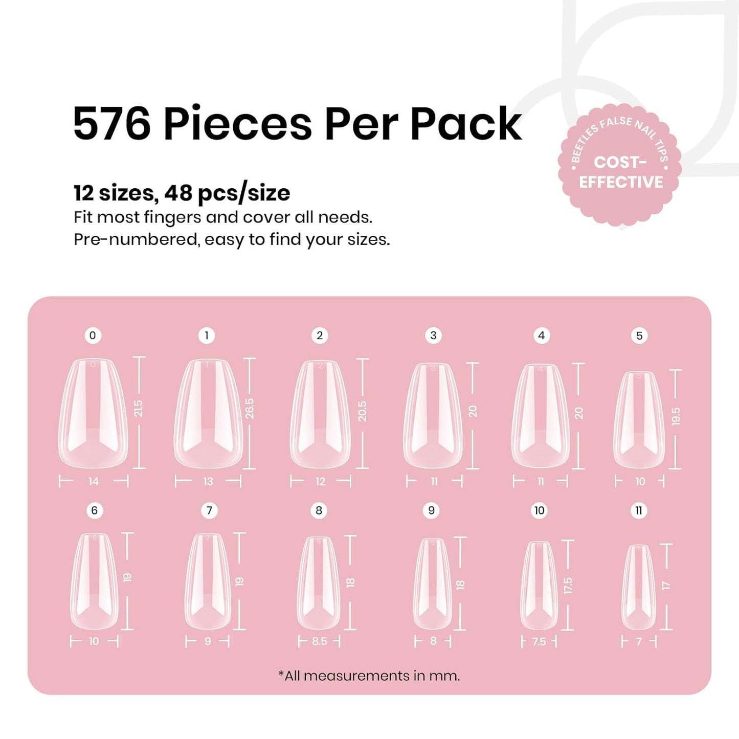 Beetles Short Coffin Nail Tips 576 PCS Half Matte Pre-shape Short Coffin Fake Nails 12 Sizes Full Cover Acrylic False Nails Nail Extension DIY Manicure Gifts for Women