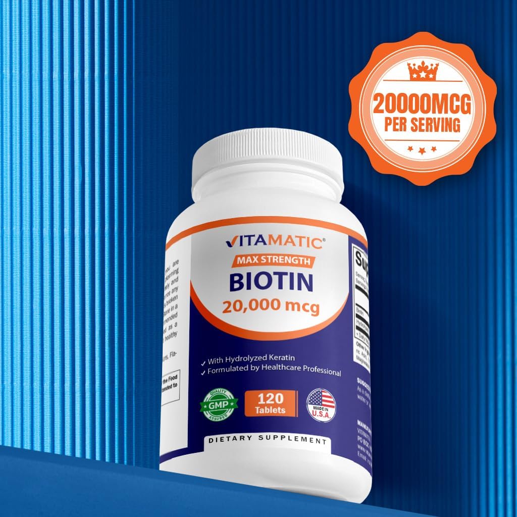 Vitamatic High Potency Biotin 20000 mcg (20mg) with Keratin 100mg - 120 Vegetarian Tablets - Biotin Supplements for Healthy Hair Skin & Nails for Adults (120 Count (Pack of 2))
