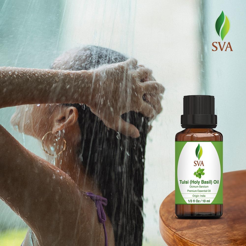 SVA Holy Tulsi Essential Oil – 1/3 Fl Oz – 100% Natural Tulsi Oil - for Diffuser, Hair Care, Face, Skin Care, Aromatherapy, Scalp and Body Massage, Soap and Candle Making