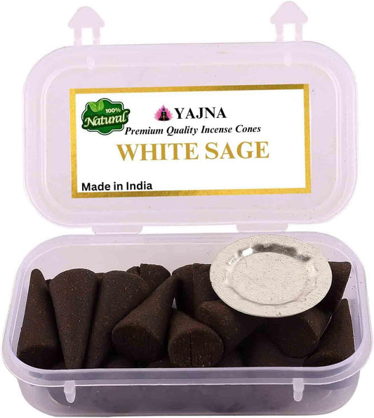 Yajna White Sage 100%-Natural-Incense-Cones Handmade-Hand-Dipped Organic-Chemicals-Free for-Purification-Relaxation-Positivity-Yoga-Meditation The-Best-scents (20 Count)