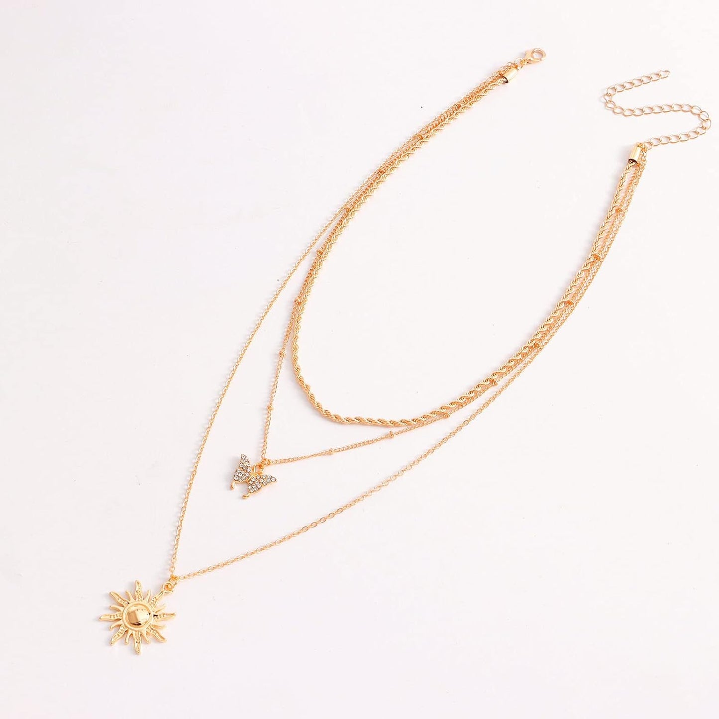 Bohemia Layered Sun Necklace Choker Crystal Butterfly Pendant Necklace Gold Rope Chain Necklace Vintage Sunflower Necklace Jewelry for Women and Girls