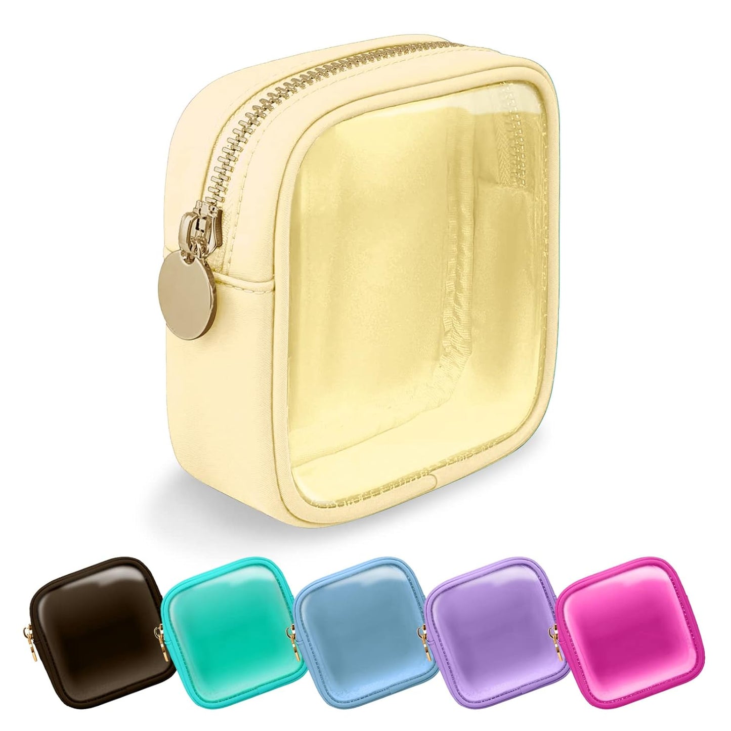 Clear Mini Makeup Bag for Purse, Small Nylon&PVC Cosmetic Bag TSA Approved Toiletry Bag with Zipper, Transparent Travel Bag Coin Purse for Women Men Girls(Beige)
