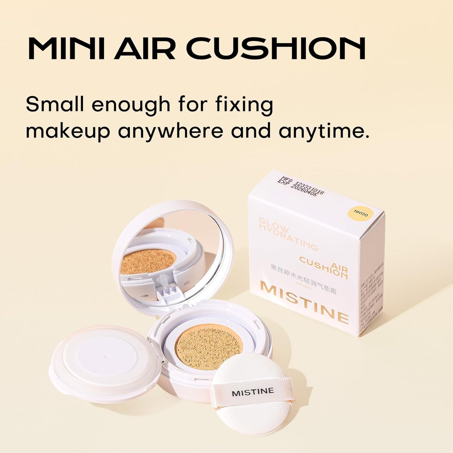 Mistine Tavel Size Air Cushion Foundation Glow Hydrating Finish Medium Coverage Foundation Makeup for Dry Skin,24H Hydrating Long-Lasting Waterproof Smudge Proof, Natural Beige