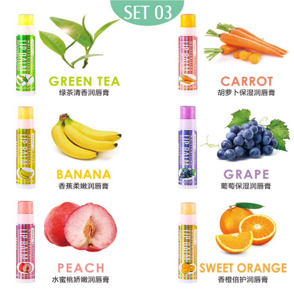evpct 6Pcs Classic Fruit Flavour Flavored Lip Balm Set for Lip Care Chafed Chapped Cracked Lips, Natural Vitamin E & Honey Green Tea Carrot Banana Grape Peach Orange Moisturizing Mens Kids Lip Balm 3
