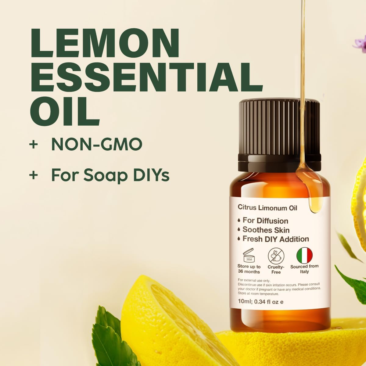 Kukka Lemon Essential Oil for Skin, Diffuser, DIY - 0.34 Fl Oz - Fresh Lemon Scent, for Cleaning, Aromatherapy, Candles, DIY Soap Making Scents