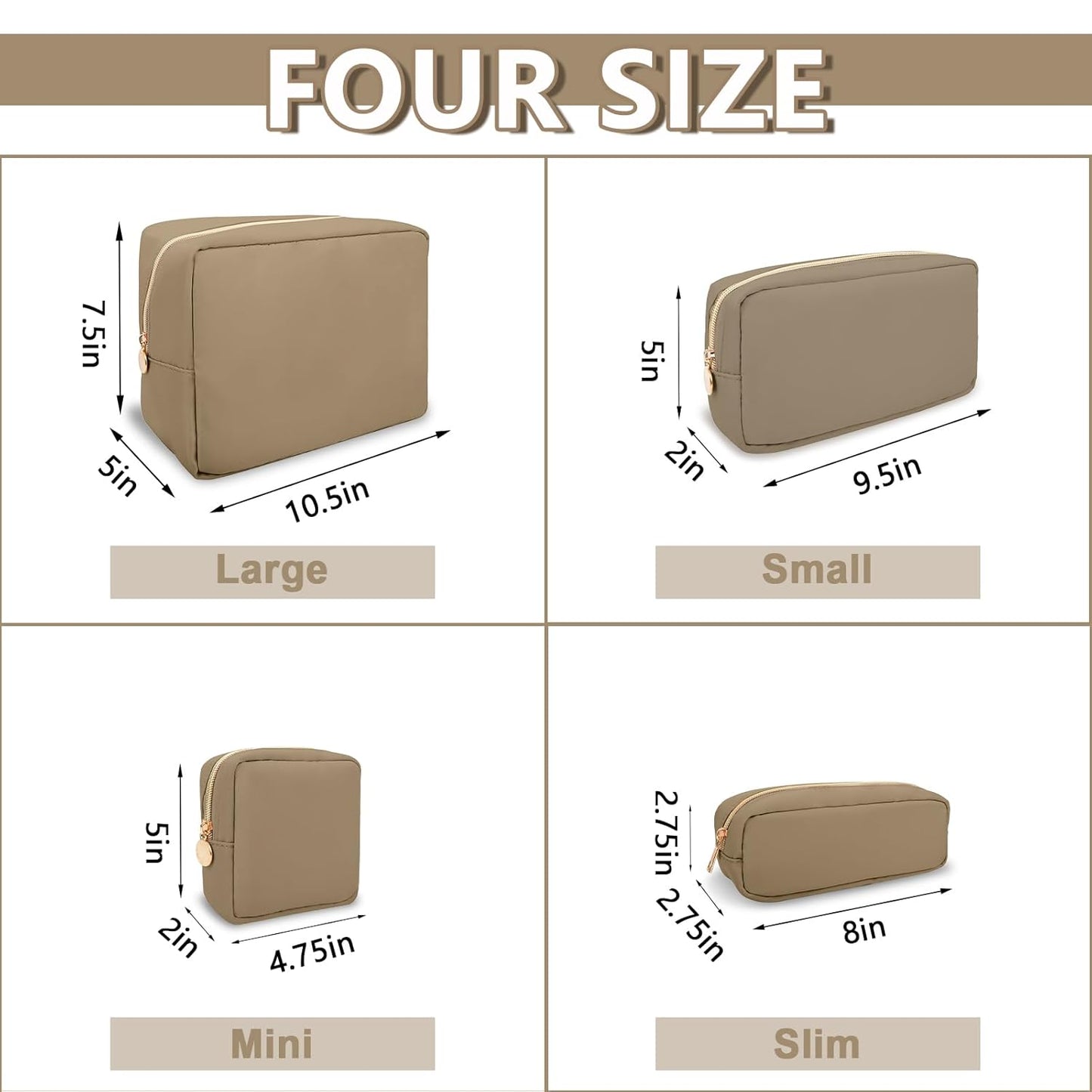 Mini Makeup Pouch for Purse, Small Cosmetic Bag Pouch Nylon Travel Toiletry Organizers for Women Girls, Cute Zipper Pouch Coin Purse Preppy Storage Bag for School Work(Mini-Khaki)