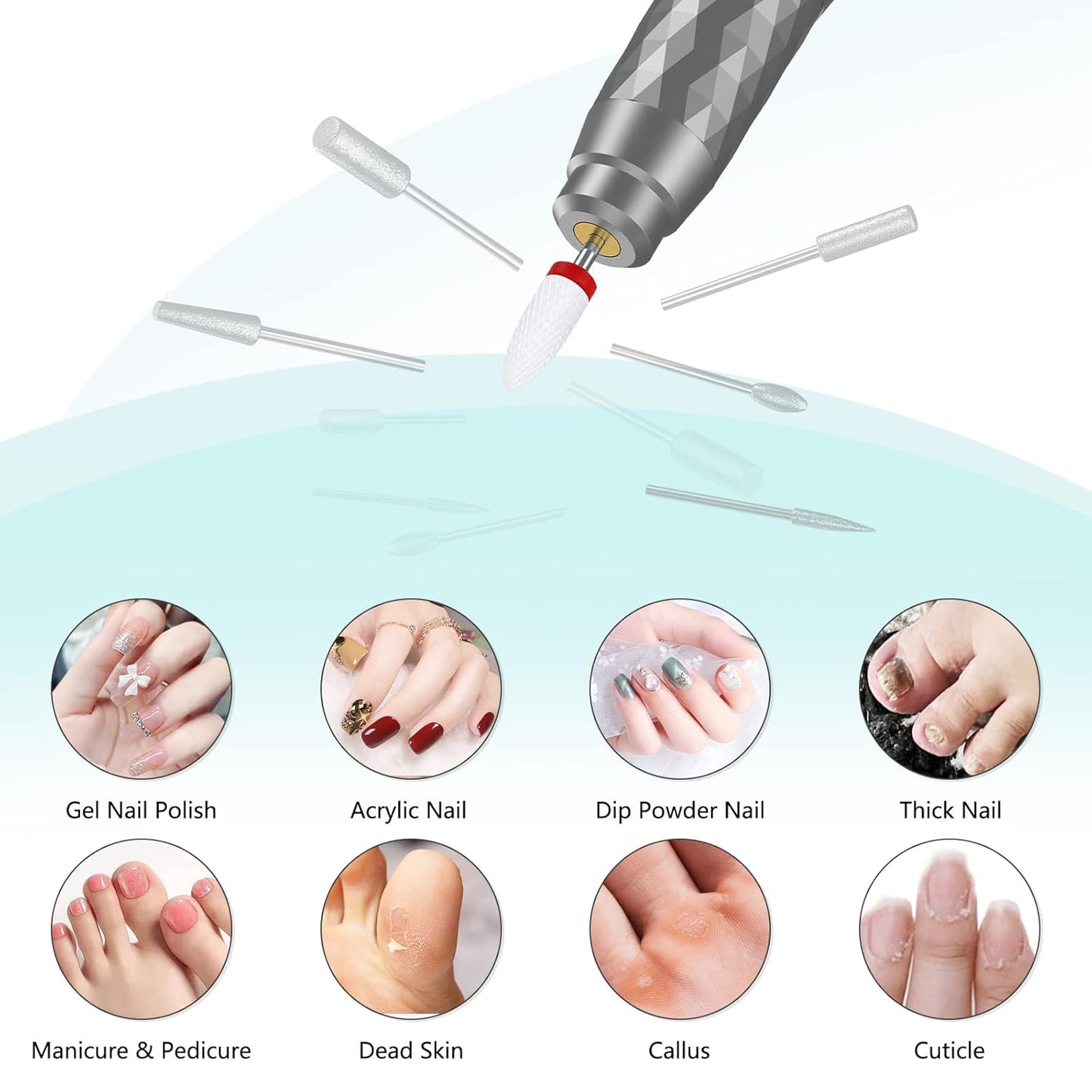 Electric Nail Drill Machine Professional, Rechargeable Cordless Nail File with Bits Kit for Acrylic Gel Dip Nails, Efile Manicure and Pedicure Kit for Home Salon Grinding Polishing Removing, Gray