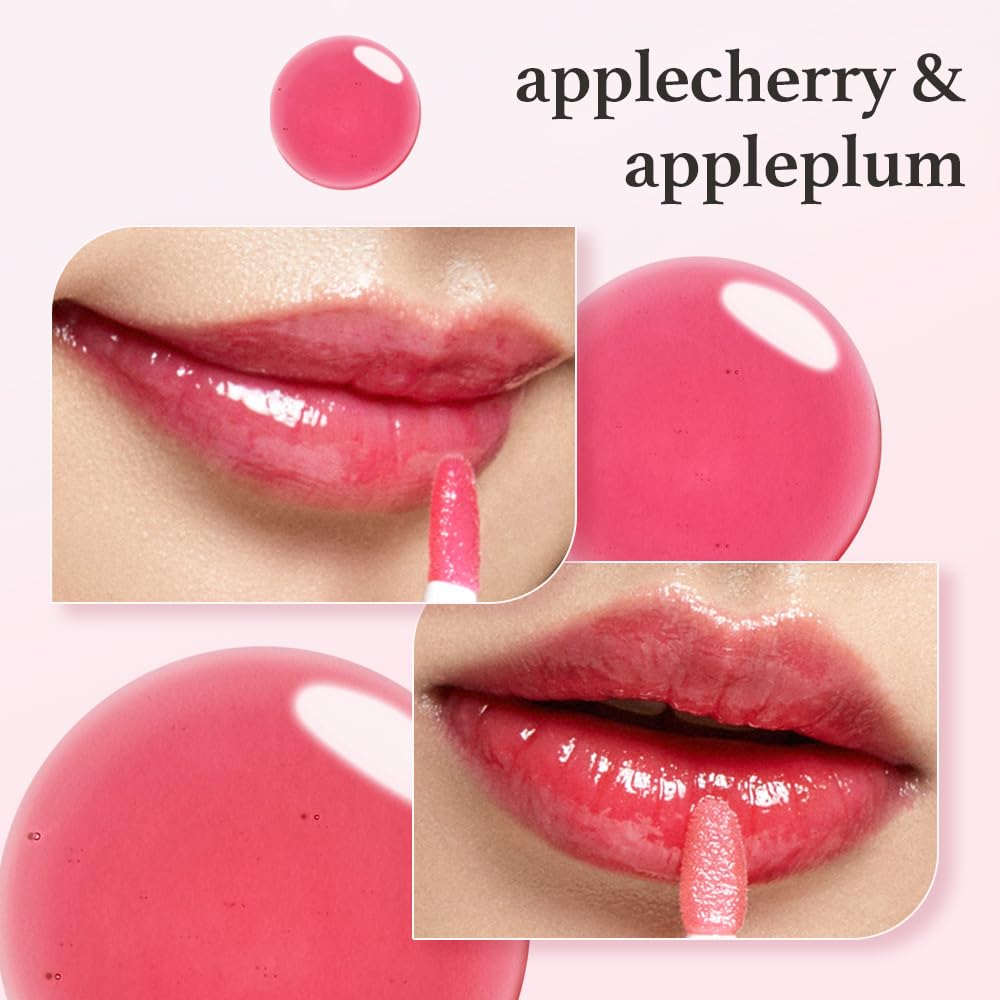 NOONI Vegan Appleseed Lip Oil Set - Applecherry & Appleplum | Long-Lasting, Moisturizing, Plumping, Revitalizing for Dry Lips, Waterproof, No Peel Off, Korean Tint, 0.12 FL Oz x 2ea
