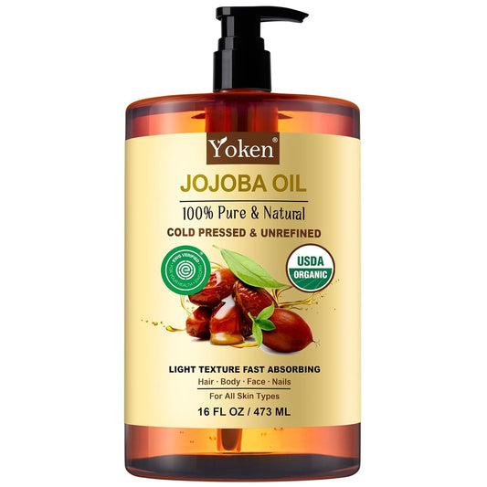 Yoken Pure Jojoba Oil Organic USDA Certified 16 fl oz, 100% Natural Jojoba Oil for Hair, Skin & Face, Cold Pressed Unrefined, Deeply Moisturizing Body Carrier Oils for Essential Oils Mixing