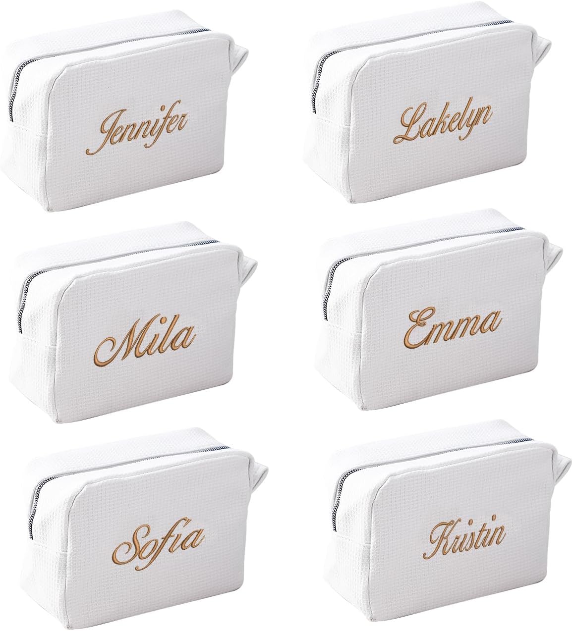 GOPHIE Personalized Embroidered Makeup Bag,Custom Waffle Fabric Cosmetic Pouch for Women, Travel Makeup Pouch (6, White)