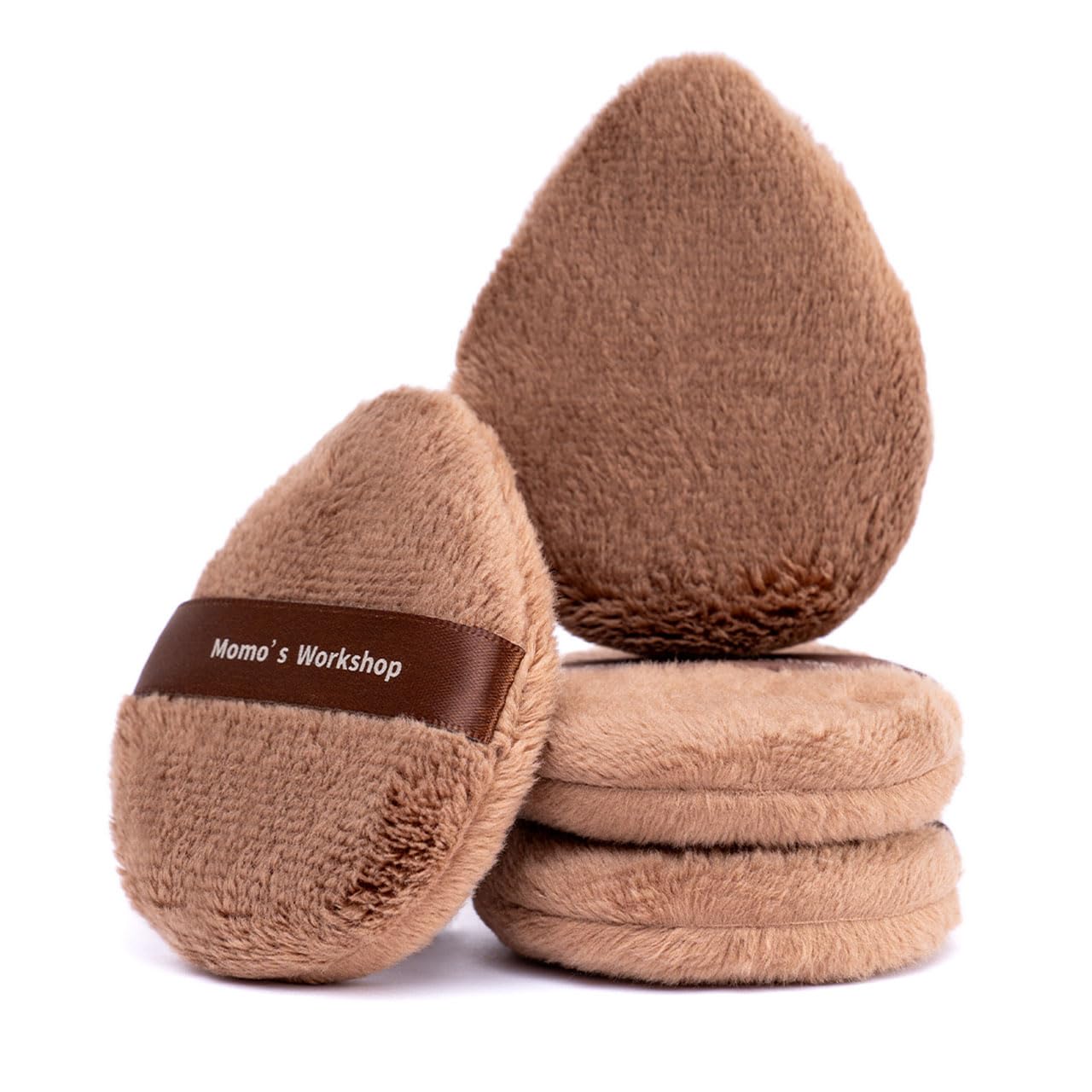 Momo's Workshop Long Fluffy Brown Egg-Shaped Powder Puff,Large Coverage, Even Powder Application, Soft Blurring Finish for Loose&Pressed Powder,Blush,Makeup Puff Applicator with Storage case,2pcs