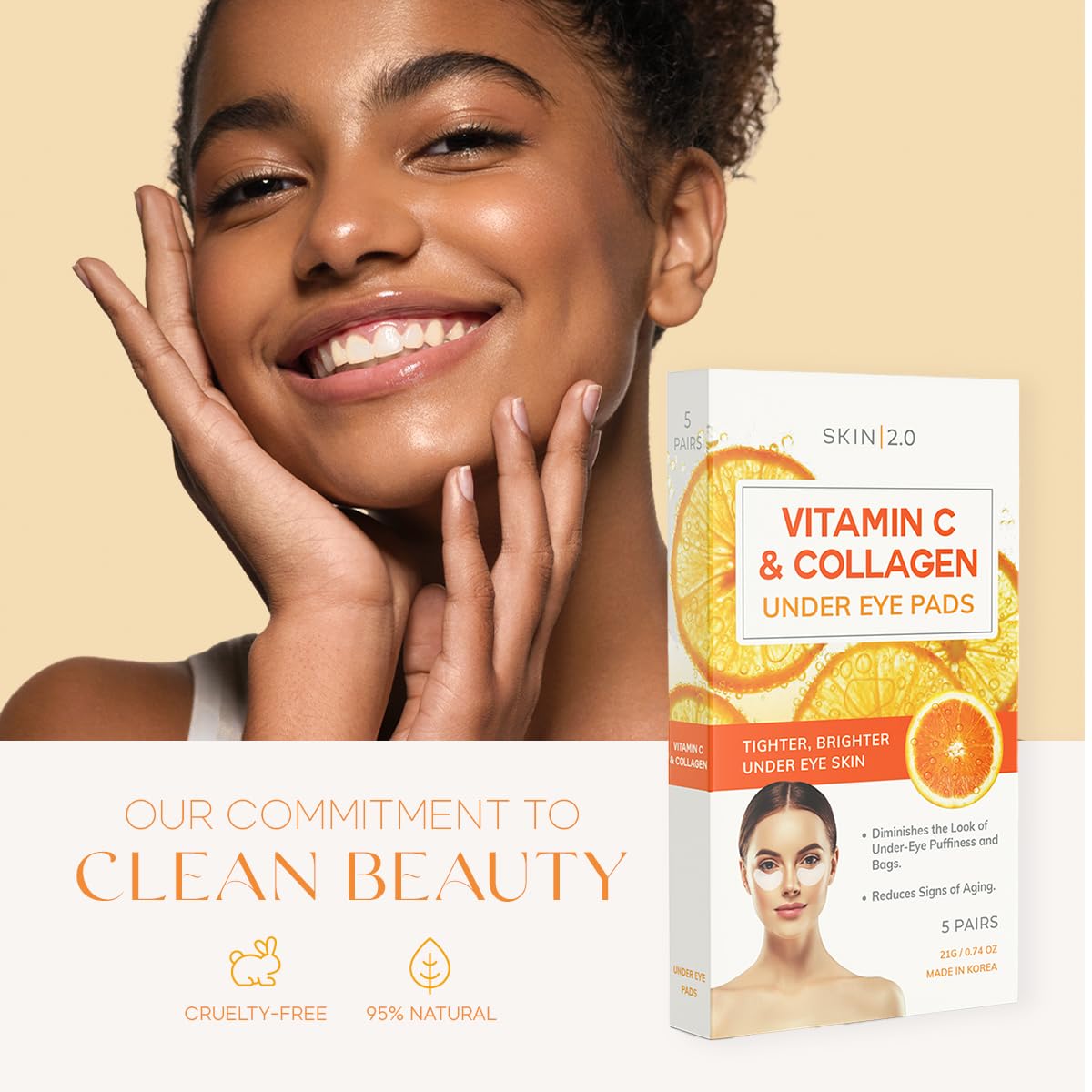 Vitamin C and Collagen Under Eye Patches - Brightens Dark Circles, Tightens Under Eye Skin, Anti-aging & Firming Under Eye Pads - Cruelty Free Korean Skin Care For All Skin Types - 5 Pairs