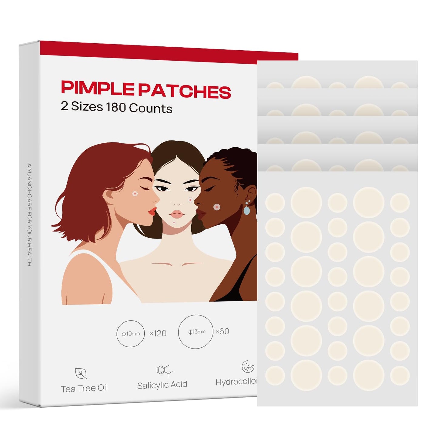 Large Pimple Patches For Face, Invisible Hydrocolloid Acne Patches, Salicylic Acid & Tea Tree, 2 Sizes 180 Counts Spot Stickers for Covering Zits and Blemishes