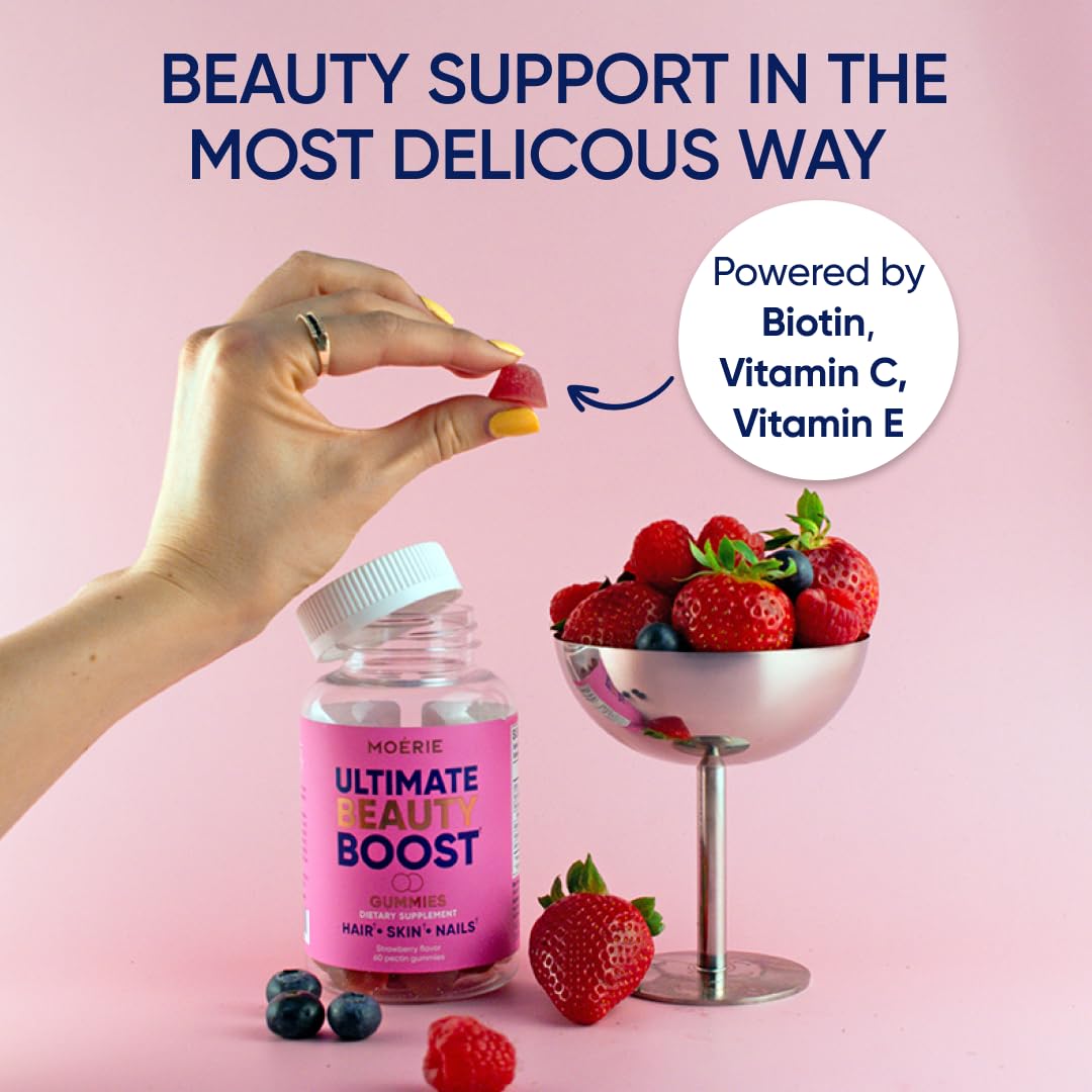 Moerie Hair Skin and Nails Gummies for Women & Men - Biotin for Hair Loss, Gummy Vitamins & Growth Dietary Supplements - Sugarbear for Thicker Hair - Allergen Free - 60 per Serving - Balanced Diet