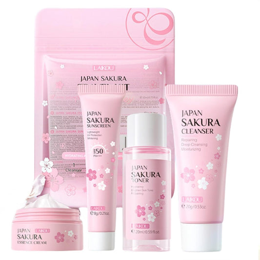 Sakura Travel Skincare Set for Teenage Girls - Face Routine Set for Women,4 Piece Gentle Skin Cleaning & Care Travel Size Kit With Cleanser, Toner, sunscreen and Face Cream