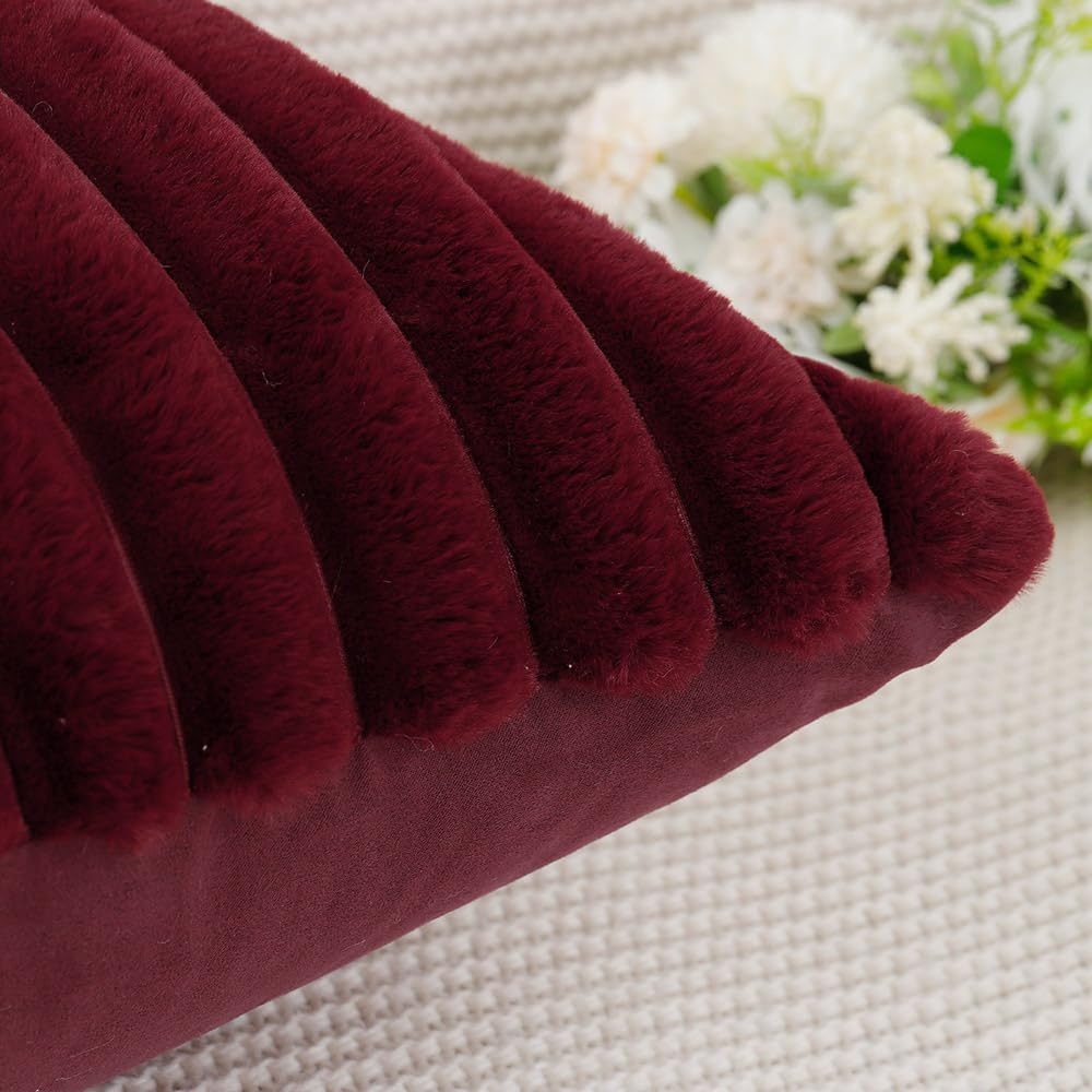 MADIZZ Set of 2 Faux Wool Plush Decorative Throw Pillow Covers 20x20 Inch Burgundy Fluffy Striped Soft Decorative Cushion Cover for Sofa Bedroom Pillow Shell