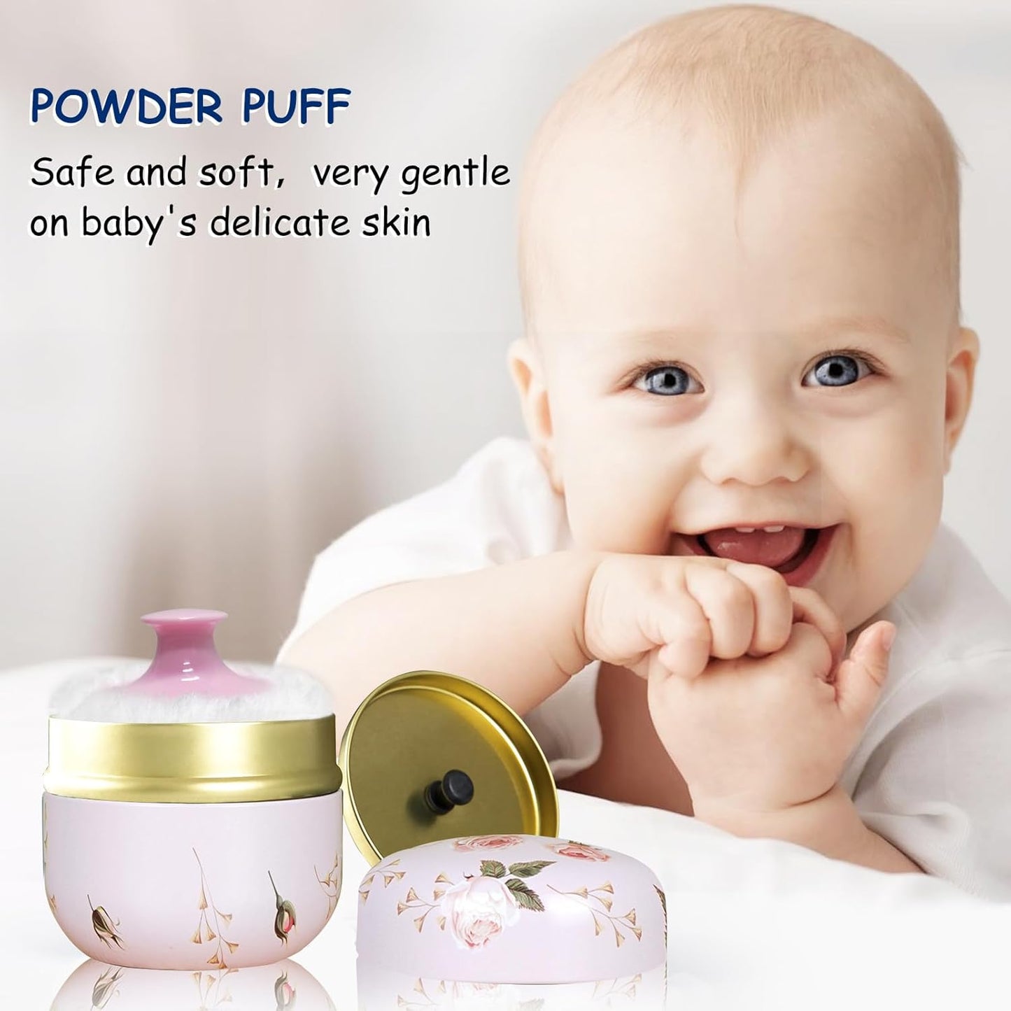 Body Powder Puff and Container for Dusting Powder, Women Powder Puff and Powder Case for Bath and Travel (Romantic Flowers)