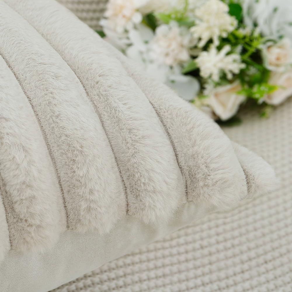 MADIZZ Set of 2 Faux Wool Plush Decorative Throw Pillow Covers 24x24 Inch Greyish White Fluffy Striped Soft Decorative Cushion Cover for Sofa Bedroom Pillow Shell