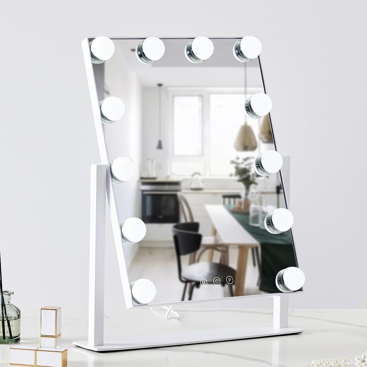 HIEEY Hollywood Vanity Mirror with 12 Dimmable Bulbs Lights, Three Color Lighting Modes, and 5X Magnification, Smart Touch Control, 360°Rotation (White,Gift Box)