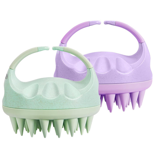 HEETA Scalp Massager with Soft Silicone Bristles for Hair Growth, Dandruff Removal, and Scalp Relaxation - Shampoo Brush for Wet or Dry Hair (Green & Purple)