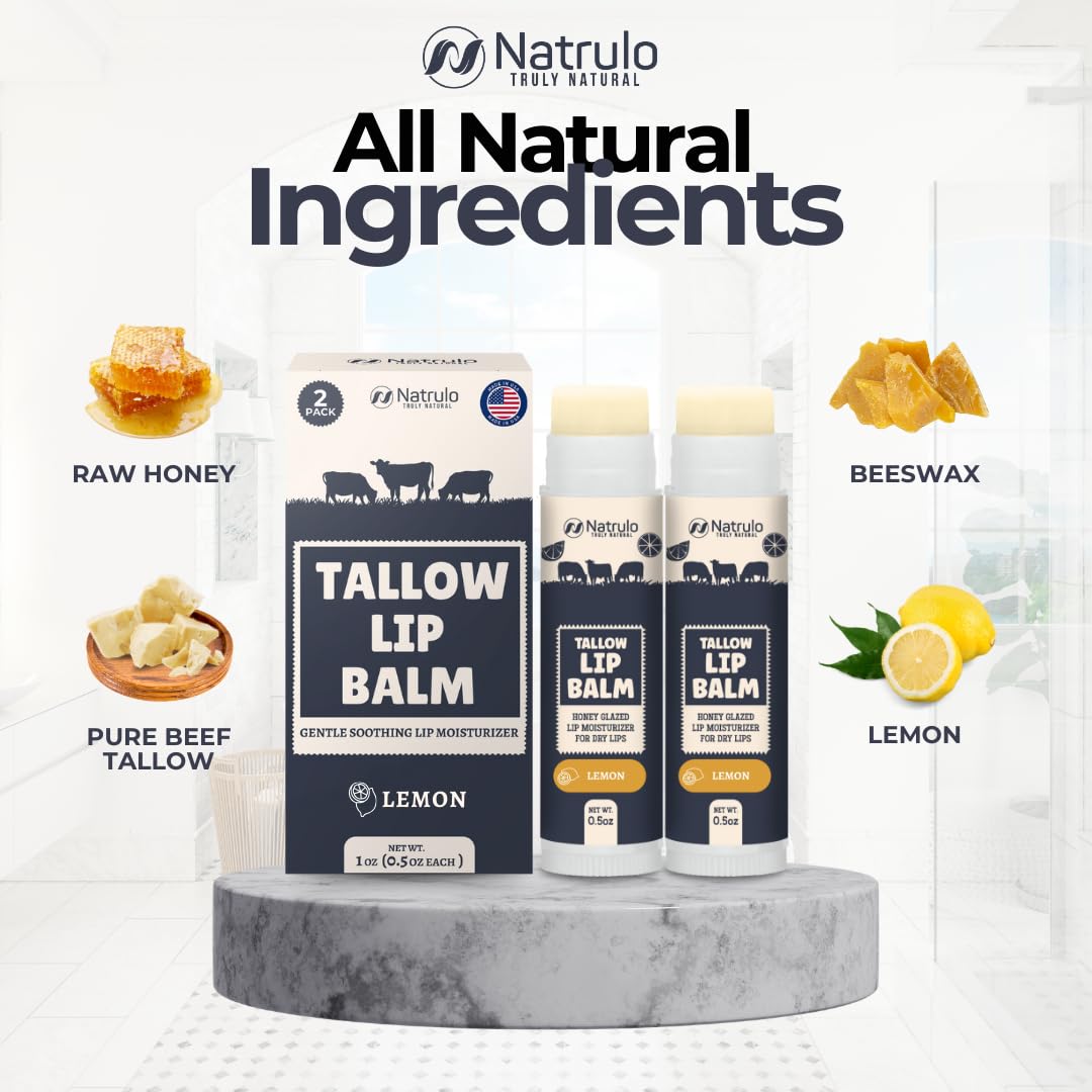 Beef Tallow Lip Balm – Natural Tallow Beeswax Chapstick – Hydrating Moisturizer Grass Fed Beef Tallow Balm Lip Care – Soothes Chapped Dry Sensitive Lips – Long Lasting Vitamin Rich USA-Made 2Pk Lemon