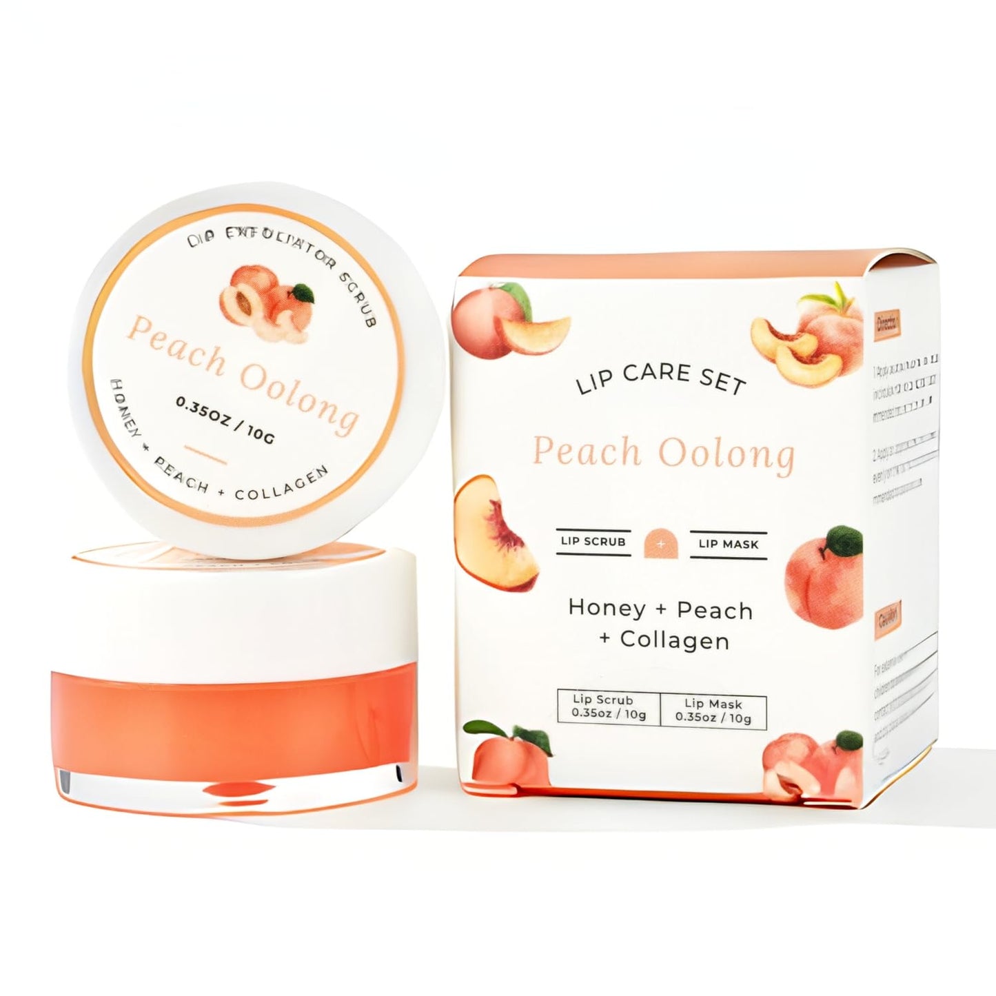 Lip Mask & Scrub Set(Peach + Honey + Collagen), Overnight Moisturizer for Cracked & Dry Lips Care, Hydrating Plumper Kit, Sugar Exfoliator Gift for Women