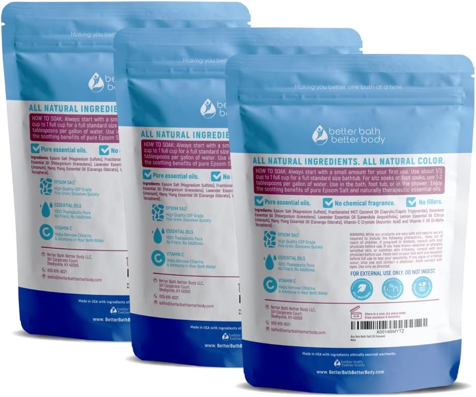 Dry Skin Bath Salt (3 Pack with Scoop) Skin Soothing Epsom Salt with Pure Essential Oils in BPA Free Pouch with Press Lock Seal Made in USA Three 2 Lbs Pouches 6 Lbs Total