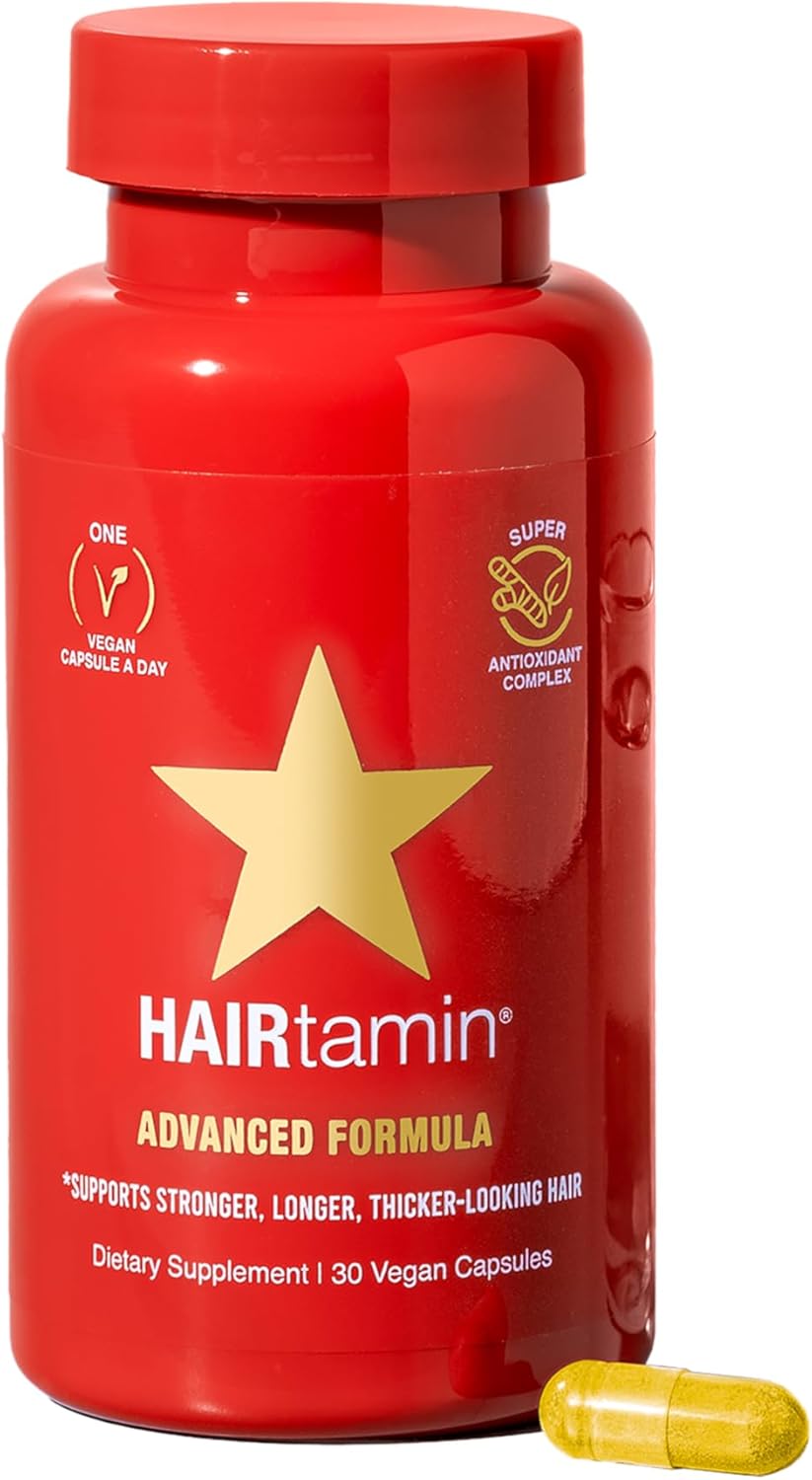 HAIRtamin Advanced Formula Hair Growth Supplement for Women & Men, Supports Stronger, Longer, Visibly Thicker Hair, With 5000 mcg Biotin, Vitamins & Antioxidants, 100% Vegan – 1 Month Supply