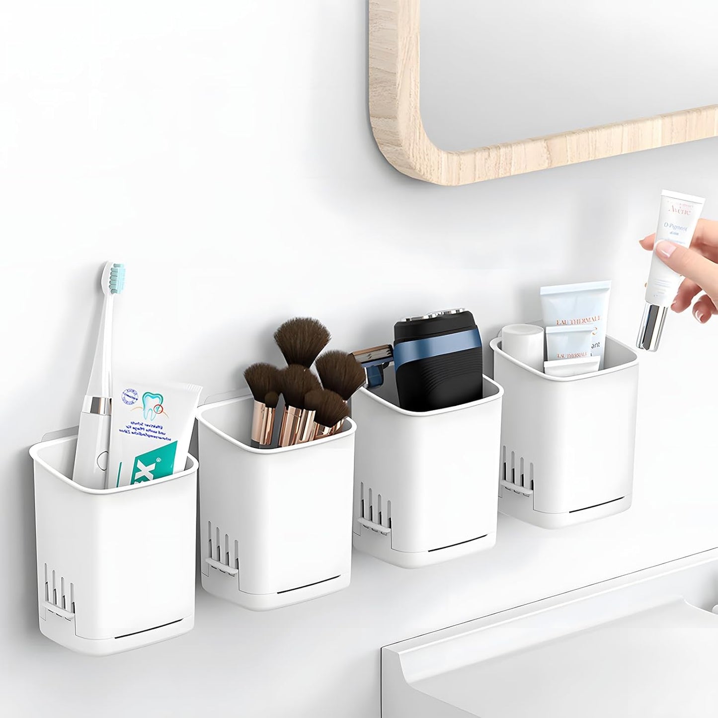 Toothbrush Holder Cup Wall Mounted Drill-Free for Bathroom Shower Electric Toothbrush Toothpaste Razor Holder Removable Waterproof Sturdy Self Draining, Tableware Holder for Kitchen(1pcs&White)