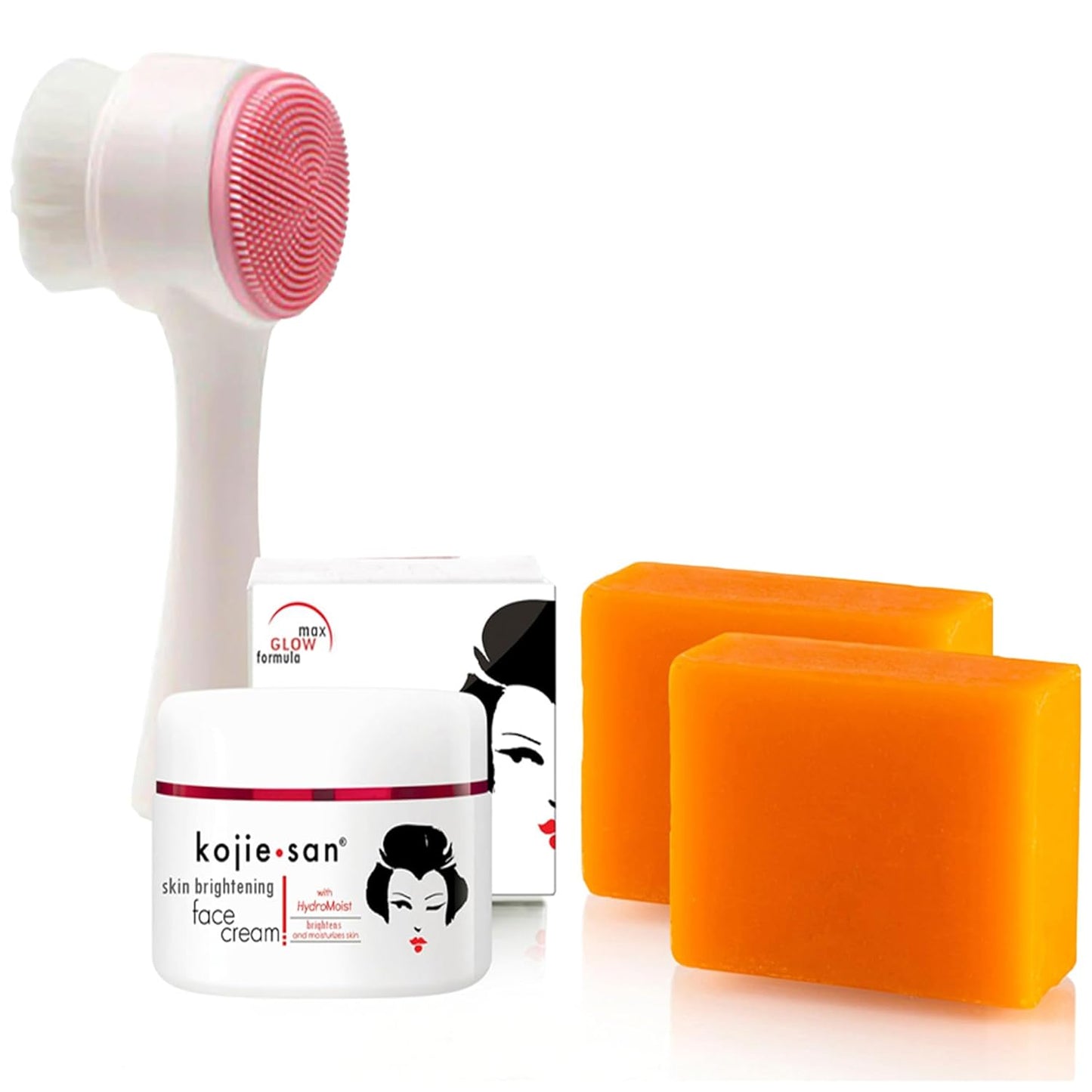 Kojie San Skincare Bundle - Facial Brightening Set with 2 Bars of Kojic Acid Soap, Face Cream & Exfoliating Face Brush