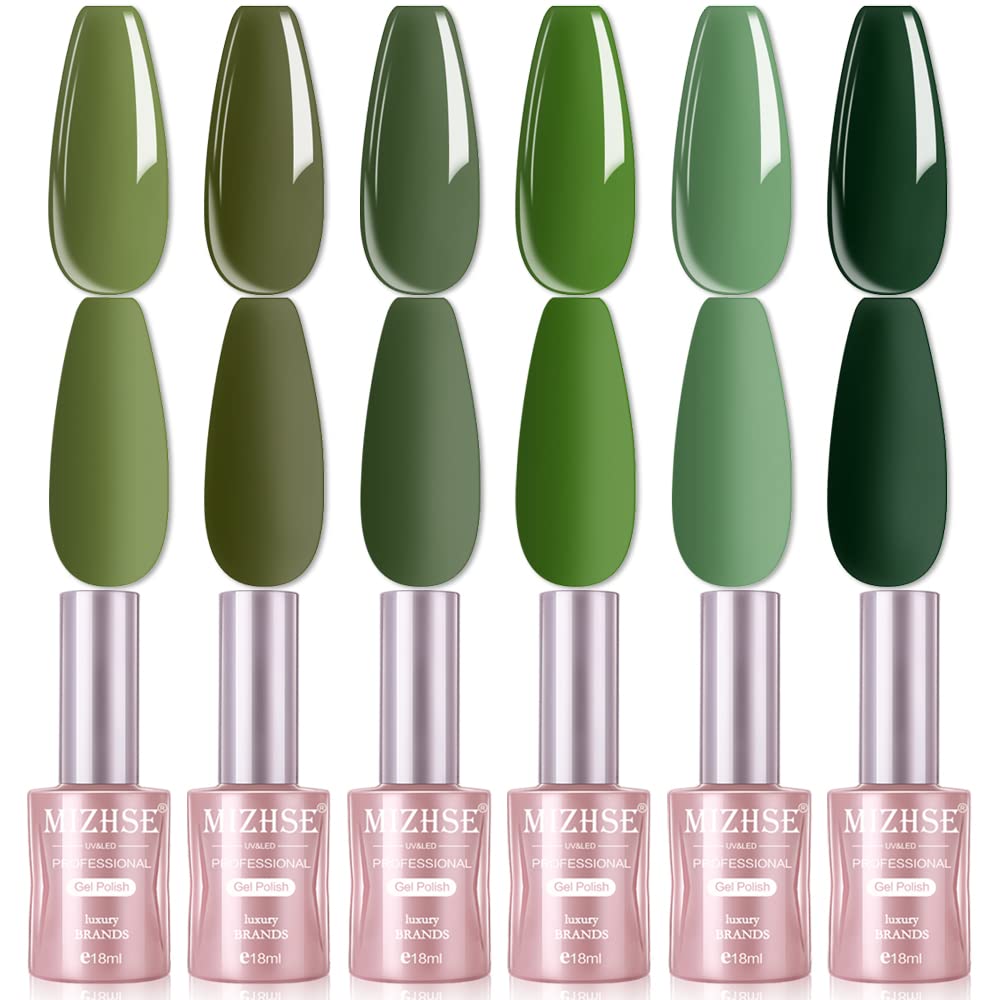MIZHSE Green Gel Nail Polish Set, Avocado Green Gel Polish, 18ml*6 Colors Olive Neon Green U V/LED Needed, Gel Nail Kit with Gift Box Soak Off Gel for Nail Salon