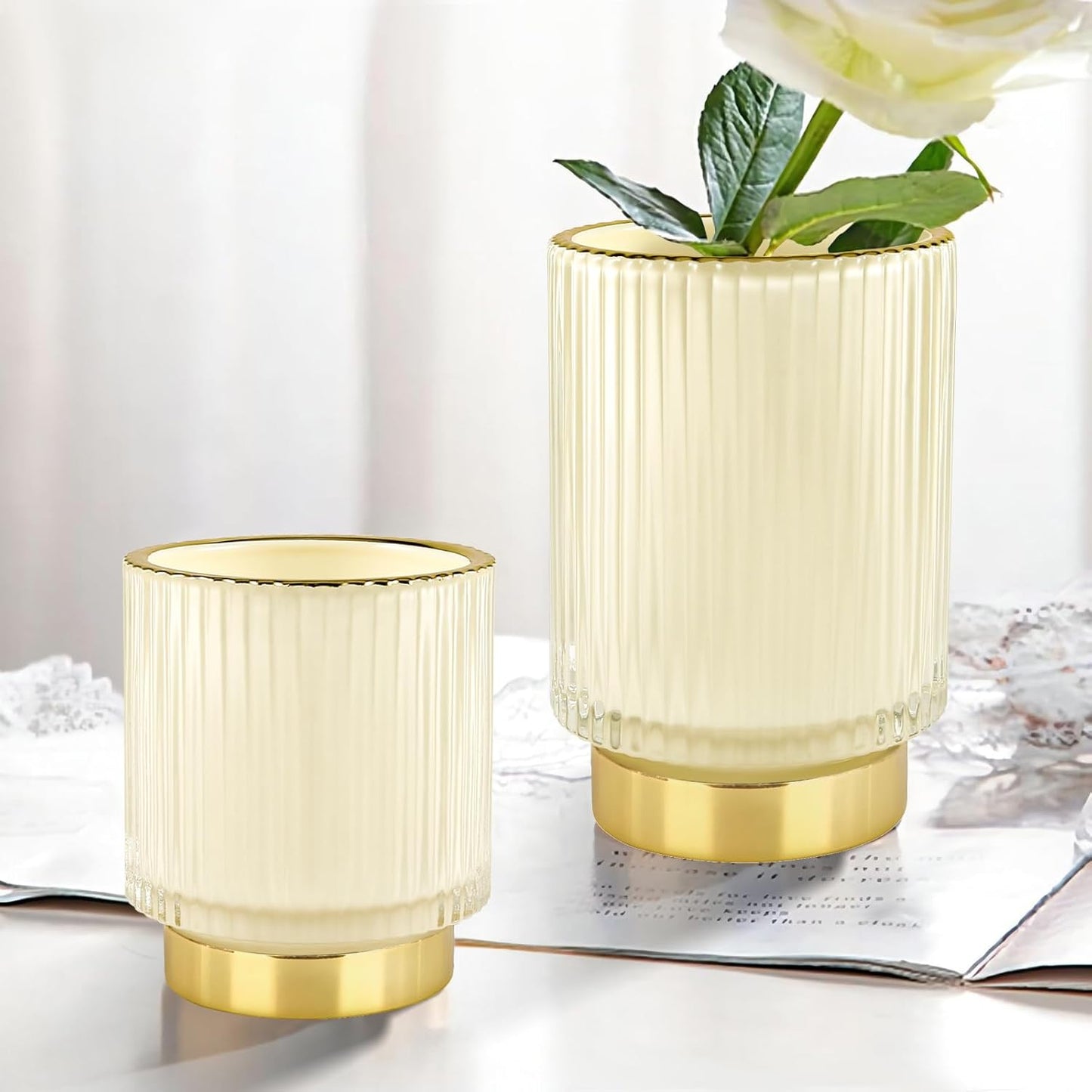 DASITON Makeup Brush holder Organizer,Crystal Cosmetic Makeup Brush Glass Brushes Storage Holder, Vintage Make Up Brush Cup Pen Pencil Holder striped vase(Cream L)