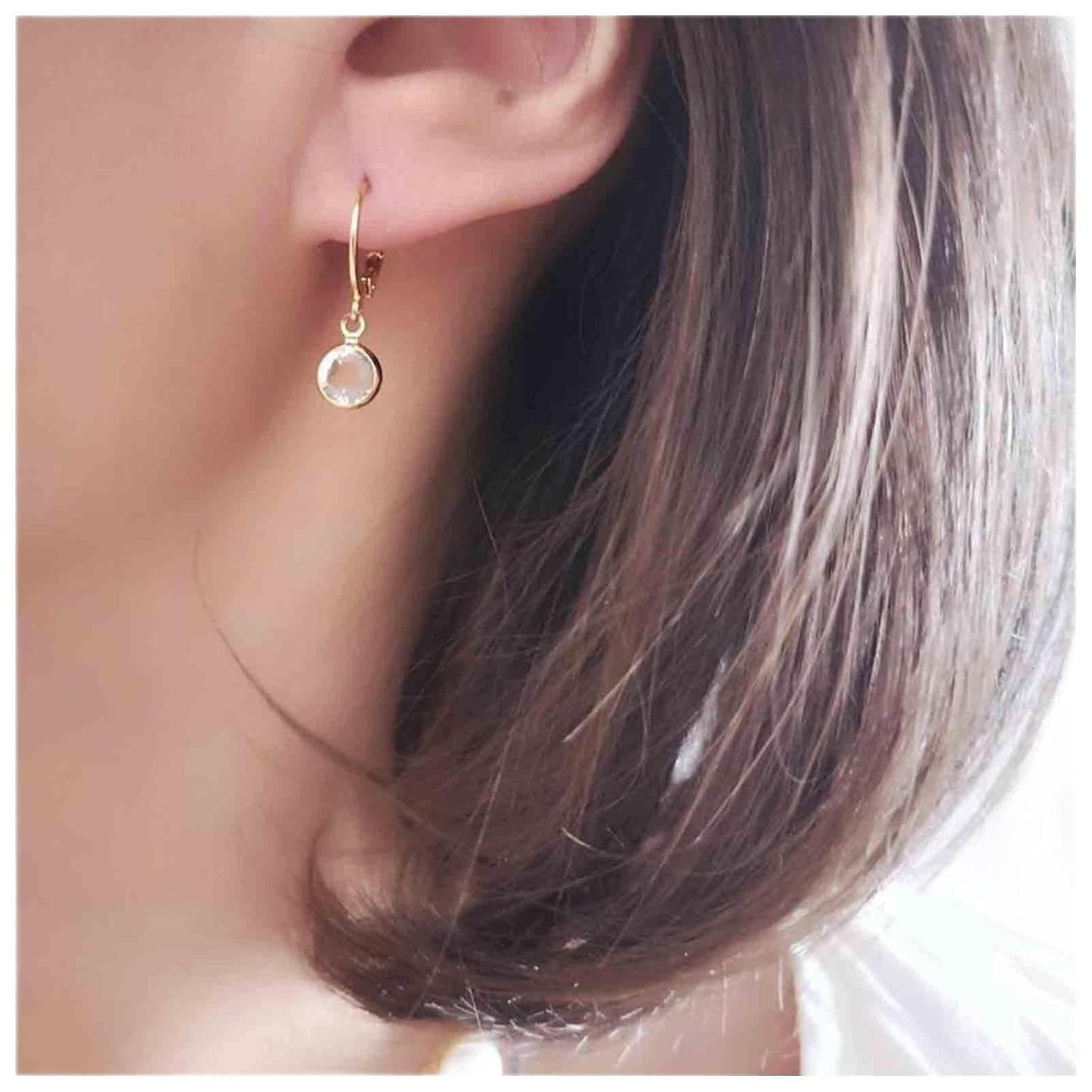Round Bezel Dangle Earrings Gold Crystal Quartz Earrings Faceted Gemstone Earrings Tiny Circular Leverback Earrings Jewelry for Women and Girls