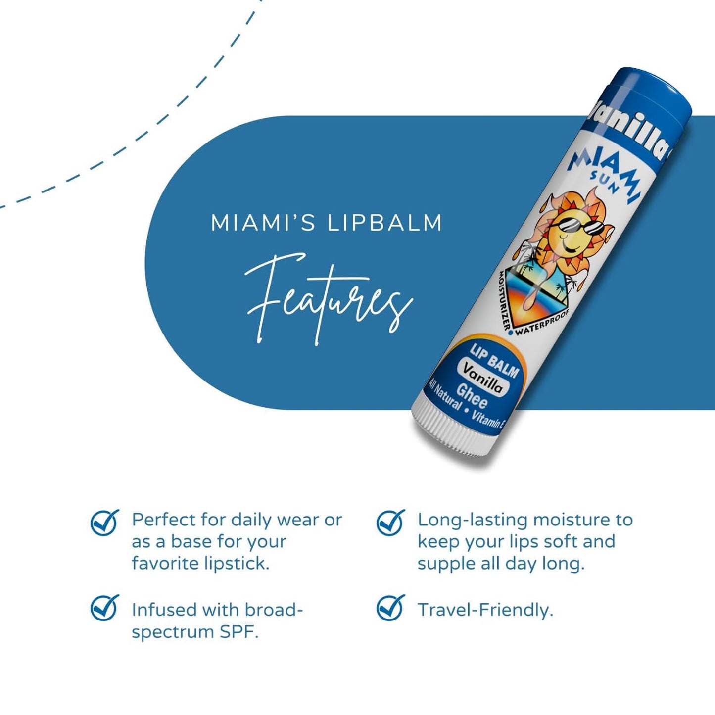 Miami Sun Natural Ghee Lip Balm, Hydrating Lip Treatment with Shea Butter & Beeswax, Organic & Non-Toxic, Best for Dry, Chapped Lips - Moisturizing, Healing, Chemical-Free Lip Care (12 Count, Vanilla)