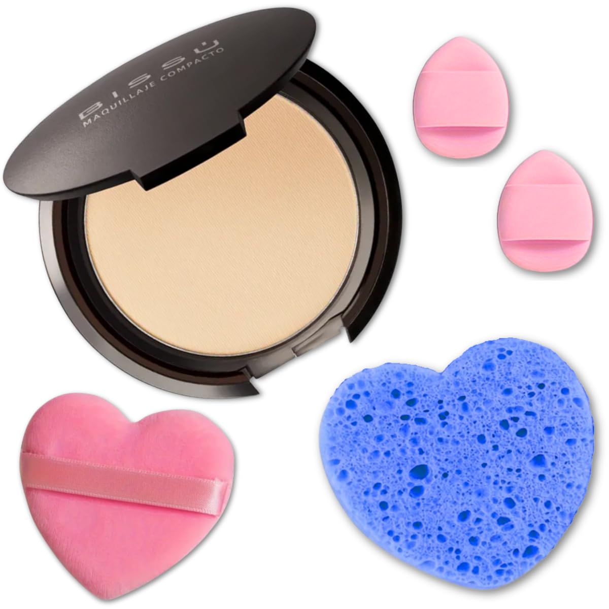 Beetbul Makeup & Exfoliation Kit - Bissú Compact Powder + 1 Medium Velvet Puff + 2 Finger Puffs + 1 Facial Exfoliating Sponge (05 Pebble, One Size)