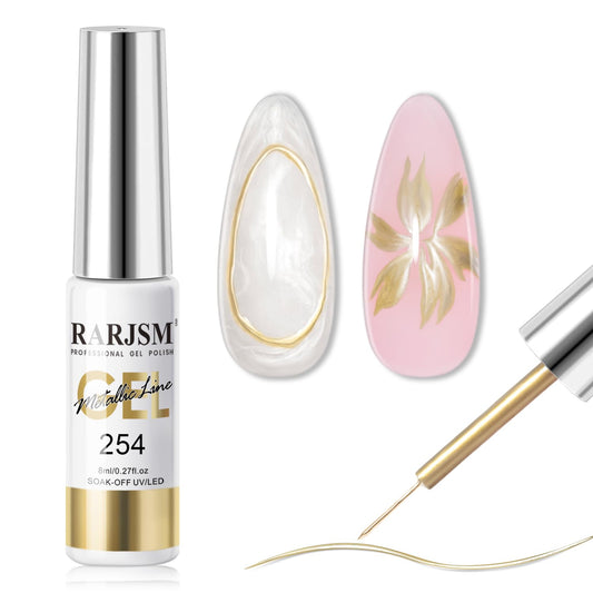 RARJSM Metallic Chrome Gel Liner Nail Art Champagne Gold 3D Mirror Effect Gel Nail Polish 8ml Build in Thin Brush Metal Painted Drawing Striper Painting GelPolish Soak off Curing Requires Home Salon