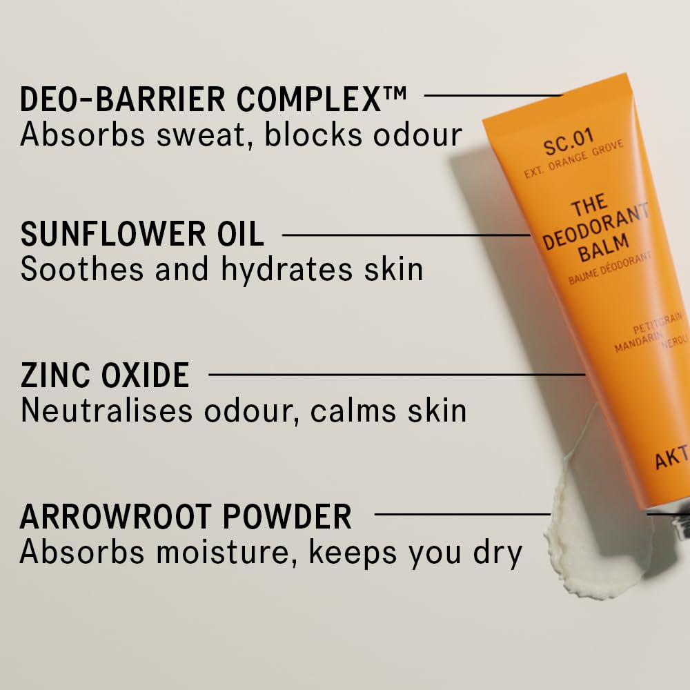 Akt, THE DEODORANT BALM. Award winning, multi-use, natural deodorant. Plastic Free. Gender Free. Aluminium Free. 100% effective — 1 tube lasts up to 3 months. SC.01 ORANGE GROVE. 50ml/1.76 FL.OZ