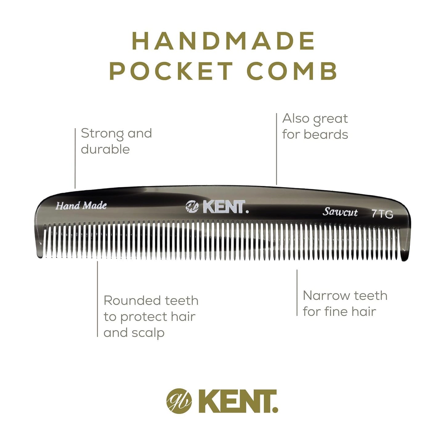 Kent 7T G All Fine Tooth Pocket Comb - Handmade Grooming Comb for Styling, Travel, Mustache and Beard Care - Saw Cut and Hand Polished