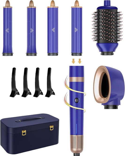 T-GOGO Hair Dryer Brush Professional: 6 in 1 Hot Air Hair Styler & Dryer Set, Powerful Hair Air Curling Iron High-Speed Negative Ionic Blow Dryer, Auto-Wrap, No Heat Damage (Blue)