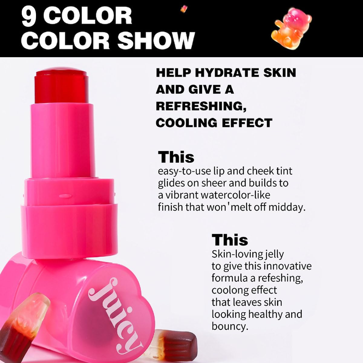 Cooling Water Jelly Tint Stick，Multi-Use Juicy Love Blush, 3-In-1cheek Blush & Eyeshadow & Lip Tinted Long-Lasting Moisture Stick，Bouncy Jelly Texture，Creates A Moist Watercolor Effect (#08, 0.32oz)