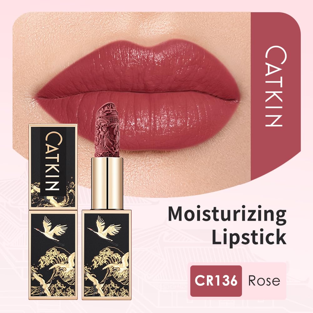Catkin Moist Lipstick Hydrating High Impact Color Infused with Vitamin E and Avocado Oil Smooth Soft Texture Long Lasting Rose Glow Finish 136