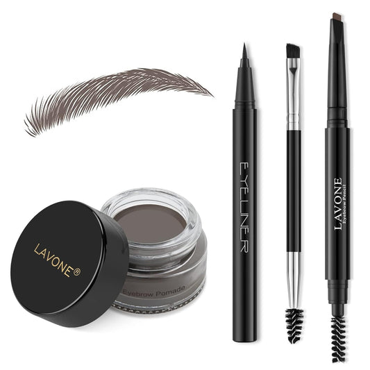 LAVONE Eyebrow Stamp Pencil Kit for Eyebrows, Makeup Brow Stamp Trio Kit with Waterproof Eyebrow Pencil, Eyeliner, Eyebrow Pomade, and Dual-ended Eyebrow Brush - Ebony
