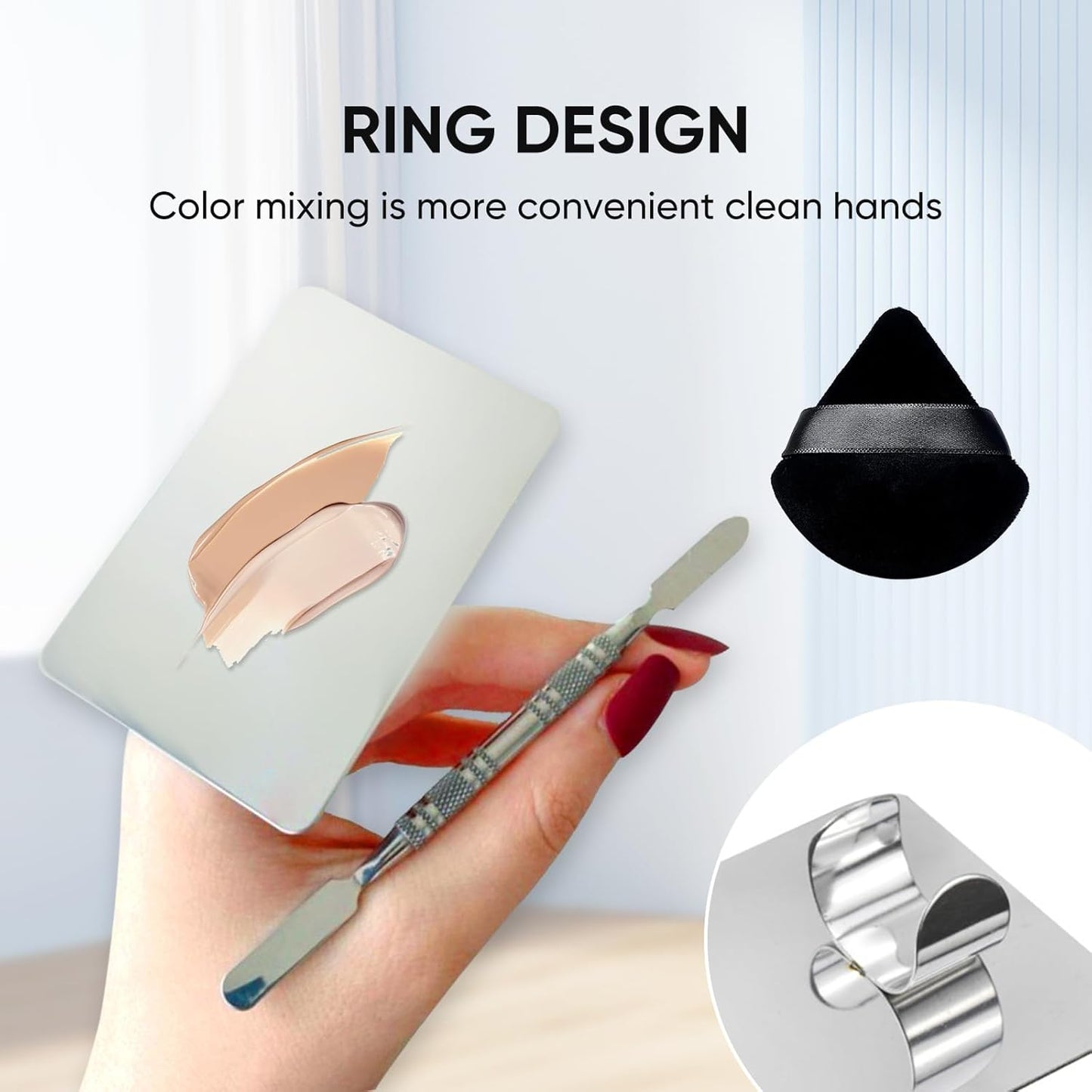 Stainless Steel Cosmetic Palette with Spatula, 3-well Mixing Makeup Palette and 3-dents Nail-art Mixer Metal Tray, also Fine Eyeliner Brush and Powder Puffs .Professional Makeup Palette with Spatula