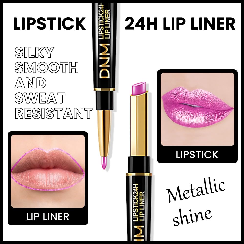 Kaely 2-in-1 Pink Metallic Shine Shimmer Lip Liner & Lipstick Combo Set Kit for Women, Lightweight Hydrating Formula High Impact Full Coverage Lipstick and Lip Liner Makeup Stains Gloss 19