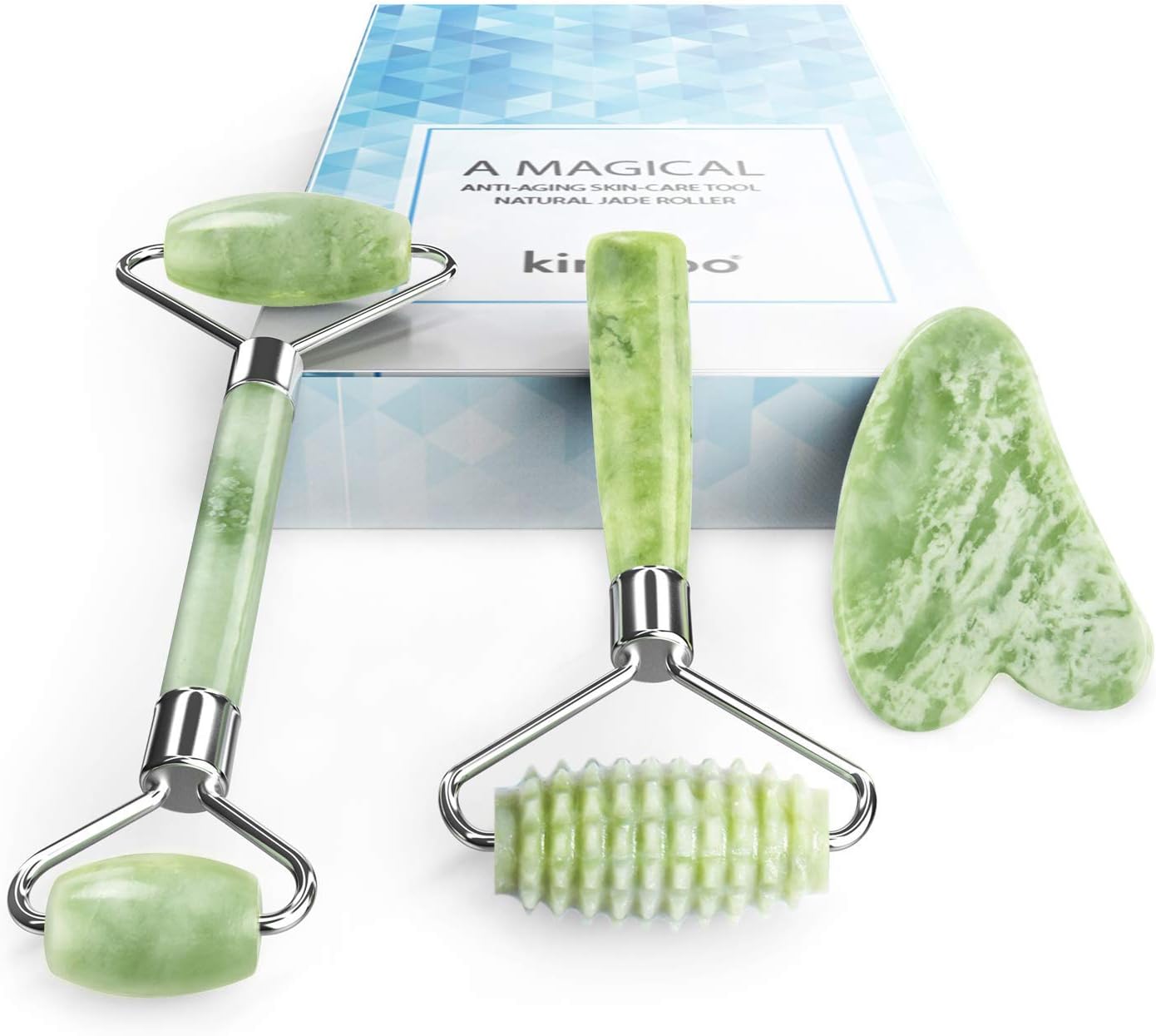 kimkoo Jade Roller and Gua Sha for Face-3 in 1 Kit with Facial Massager Tool,100% Real Natural Jade Stone Anti Aging,Face Beauty Set for Eye Anti-Wrinkle